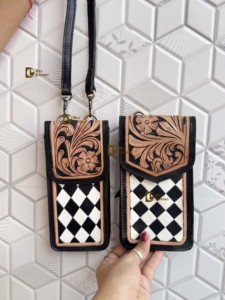 New Arrival Phone Purse Handbag Hand <b>Tooled</b> Carving <b>Leather</b> Bag Big Size Bag Checkers Pattern <b>Pouch</b> Unique Designer Sling Bag - Product Image 4