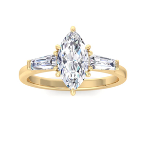Anillo de compromiso de oro con tres diamantes de laboratorio de corte marquesa y piedras laterales de baguette, anillo nupcial de lujo - Product Image 1