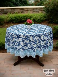 Handmade Modern Cotton Round <b>Table</b> <b>Cover</b>-Wedding & Event Use Blue & White Floral Paisley Design Washable Customizable - Product Image 1