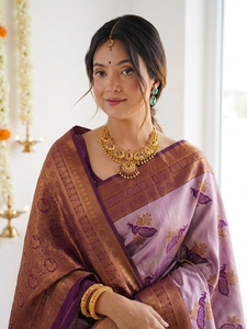 <b>Purple</b> Silk <b>Saree</b> with Peacock Motif and Brown Border Sun Protection Floor-Length for Wedding Occasion Women Traditional Wear - Product Image 2