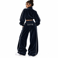 Sweat-shirt court pour femme en velours avec logo personnalisé en strass, demi-zip, col montant contrastant, survêtement avec pantalon de jogging à jambes larges, OEM