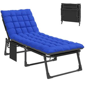 Sdraio Pieghevole Resistente alle Intemperie per Prendere il Sole all'Aperto, 5 Posizioni, Schienale in Ferro con Tasca Laterale, Cuscino Grigio/Blu - Product Image 1