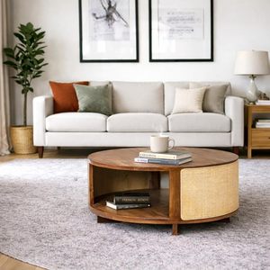 Table basse en bois massif Sheesham avec design rond en rotin, finition teck, table centrale avec rangement pour le salon, décoration intérieure - Product Image 2