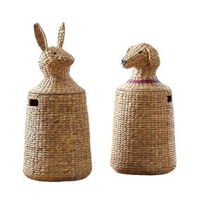 ตะกร้าสุนัขทำมือจากผักตบชวา พร้อมหูหิ้วและฝาปิด ตะกร้าเก็บของตกแต่งพื้นบ้าน ตะกร้าใส่ของเล่นเด็ก - Product Image 3
