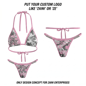 Women <b>Triangle</b> String <b>Bikini</b> <b>Set</b> Premium 190 GSM Polyester Spandex Pink Grey Custom Sublimation Print Logo Rhinestone OEM ODM - Product Image 1
