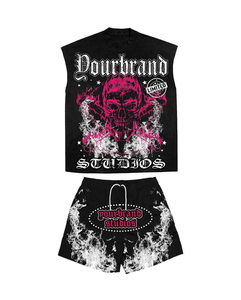 Conjunto de dos piezas de algodón tejido con lavado ácido para hombre: Camiseta sin mangas y pantalones cortos de chándal con borde sin rematar para verano, con patrón 3D formal. - Product Image 2