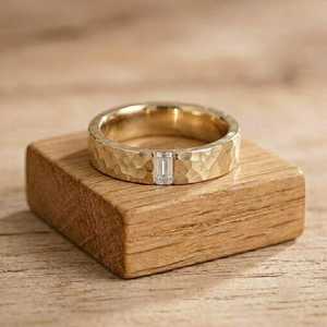 Unisex Hammered Finish Baguette Cut Lab Grown Wedding <b>Stacking</b> Band in Solid Gold Classic Handmade Matching <b>Ring</b> for Him or Her - Product Image 1