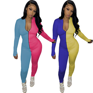 Mono de mujer de manga larga con bloques de color, cintura alta, cremallera, cuello alto, ajuste ceñido, largo completo, para discoteca, de elastano y poliéster - Product Image 6