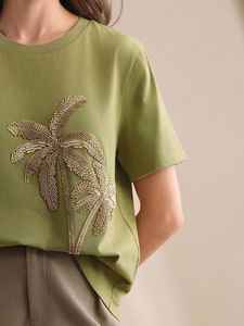 Camiseta de Algodón con Bordado de Cuentas de Palmera, Aplique de Cuentas Hecho a Mano, Manga Corta Negra, Ropa Casual de Verano - Product Image 5