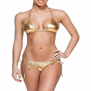 Custom Golden Majdell Sport Ladies Liquid Metallic Shiny <b>String</b> <b>Bikini</b> 2 Piece Swimsuit Set Bathing Suit <b>Bikini</b> Sets For Womens - Product Image 2