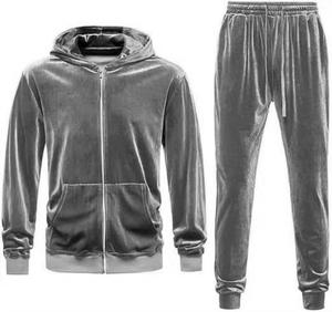 Men's Blue Velvet Tracksuit <b>Hooded</b> Full <b>Zip</b> Casual Sportswear Solid Color Side Pockets Midweight Autumn Wear - Product Image 6