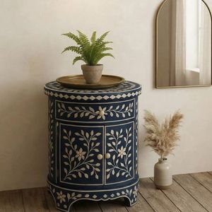 Mesa de Noche Redonda Hecha a Mano con Incrustaciones de Madera Tradicionales para Dormitorio, Sala de Estar, Muebles para el Hogar - Product Image 1