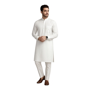 <b>Men</b> White Cotton <b>Kurta</b> Set Regular Fit Ankle-Length Traditional Casual Wear India Pakistan Style Wrinkle Free All Seasons - Product Image 4