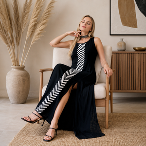 Women's Black Sleeveless Cotton Maxi Dress Chevron Print Side Slit Boho Beach Casual Summer Vacation Party <b>Long</b> Dress Elegant - Product Image 3