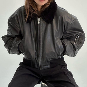 Blouson Bomber en Cuir Véritable pour Femme avec Bordure en Fourrure, Fermeture Éclair, Manches Longues, Vêtement d'Hiver Couleur Unie, Coupe Épaisse - Product Image 4