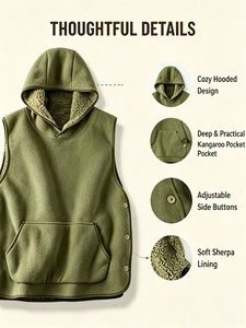 Mens Green Hooded Vest <b>Sherpa</b> <b>Lined</b> Fleece Pullover Sleeveless <b>Hoodie</b> Oversized Loose Side Button Vest With Pocket - Product Image 6