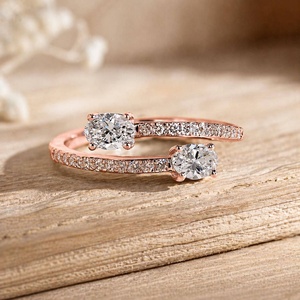Bague de fiançailles en diamant de laboratoire taille ovale et ronde, or massif 10K 14K 18K, ajustable, couleur VVS - Product Image 2