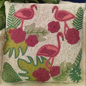 Handmade Flamingo Beaded <b>Cushion</b> Cover Tropical <b>Leaf</b> Glass Bead Embroidered Pillow Case For Sofa Bed Living Room Home Accent - Product Image 1