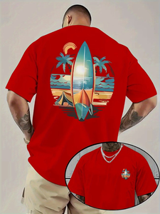 Men's Red T-Shirt Short Sleeve O-Neck Digital <b>Print</b> Beach <b>Surf</b> Design Regular Fit 100% Cotton Jersey Breathable Casual Style - Product Image 5