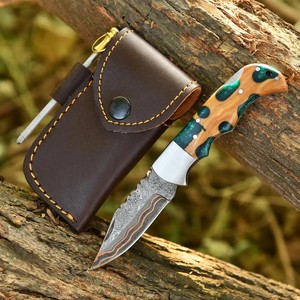 Hot Selling Copper Damascus Steel Folding <b>Knife</b> Back <b>Lock</b> Resin & Wood Handle With Clip and Sheath Cu Mai EDC Camping OEM <b>Knife</b> - Product Image 4