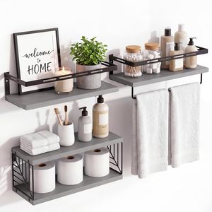 Industrial Metal Wall Mounted Floating <b>Shelves</b> with Wooden Boards Modern Rustic Storage Organizer - Product Image 1