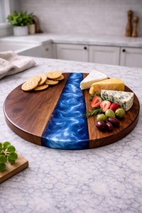 Plato giratorio Lazy Susan hecho a mano con resina azul y madera para comidas familiares, desayunos, cafeterías y restaurantes. - Product Image 1