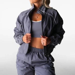 Customize Outdoor <b>Running</b> Waterproof Windbreaker Women Fitness <b>Reflective</b> Piping Stripe Stand-up Cropped <b>Jackets</b> - Product Image 4