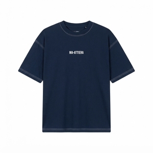 Camiseta de Hombre Azul Marino con Costuras en Contraste, Cuello Redondo, Manga Corta, Corte Holgado, Estilo Casual Urbano - Product Image 3