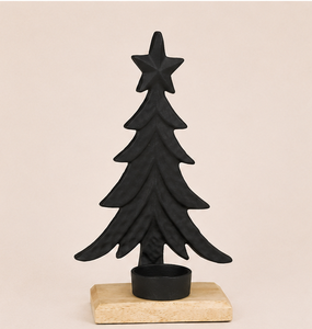 Modern Matte Black Metal Christmas Tree <b>Tea</b> <b>Light</b> <b>Holder</b> With Rustic Wooden Base Elegant Xmas Table Centerpiece & Festive Home - Product Image 3