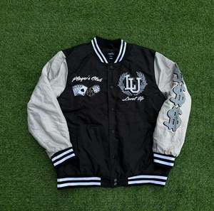 Sign Sleeve Graphic Players Club Embroidery <b>Playing</b> <b>Cards</b> Dice Print Bomber Jacket OEM Factory Service - Product Image 1