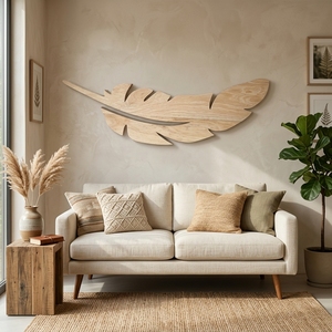 Sculpture murale artisanale en bois avec plumes, décoration murale minimaliste en bois sculpté, décoration murale bohème pour salon et chambre à coucher - Product Image 4
