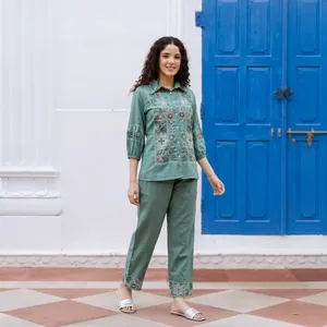 Green Linen Cotton Embroidered Floral Shirt and <b>Trousers</b> Set with Turn-<b>down</b> Collar Three Quarter Sleeve Casual Wear for Women - Product Image 3