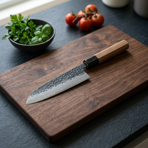 Couteau de chef Santoku en acier carbone forgé à la main, manche en bois, vente en gros, OEM, fabricant et fournisseur de couteaux de cuisine personnalisés - Product Image 5