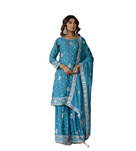 Ensemble Salwar Kameez en soie brodée bleue avec dupatta pour femme, tenue traditionnelle indienne pour mariage, coupe régulière longueur entière - Product Image 2