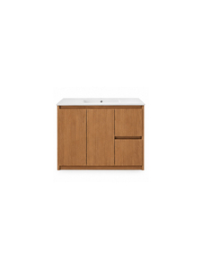 Meuble de salle de bain moderne en teck avec plan de travail blanc et lavabo intégré, design minimaliste pour hôtel et villa - Product Image 1