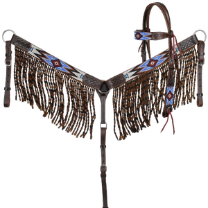 Conjunto de arreos western para caballo Lakota Sky: cabezada con cuentas, flecos retorcidos, pechera y riendas, hecho a mano, genuino y de primera calidad. - Product Image 3