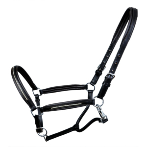 Sillín Inglés de Cuero Negro Premium con Halter, Adorno de Cristal Discreto, Narquera Acolchada, Herrajes Plateados Ajustables y Personalizables - Product Image 1