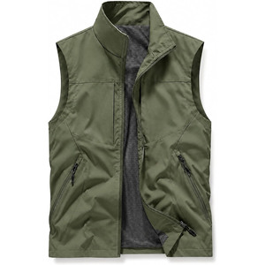 เสื้อกั๊กผู้ชายสีเขียวมะกอกแขนกุดมีซิปด้านหน้าคอตั้งเสื้อแจ๊กเก็ตลำลองระบายอากาศได้ดีโพลีเอสเตอร์สำหรับฤดูใบไม้ร่วง - Product Image 5