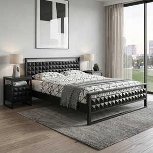 Dice Black Metal Eco-Friendly <b>Space</b>-<b>Saving</b> Modern Geometric Diamond Pattern Platform <b>Bed</b> Frame 3D Textured Headboard Hotel - Product Image 3