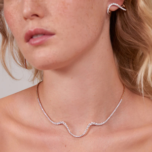 Luxury Women 18K Solid Gold Rose Gold Plated Diamond Choker Necklace Water Wave Design Round Brilliant Cut Channel Setting - Product Image 1