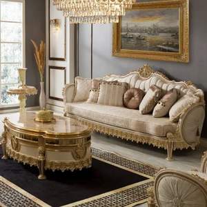 Canapé d'angle classique de luxe beige en forme de L, éco-responsable, durable, en acajou sculpté et éponge, pour salon et appartement - Grande Vente - Product Image 3