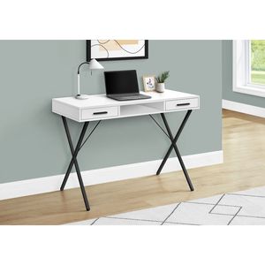 Contemporary 42\"L White Laminate and Black Metal <b>Computer</b> Desk <b>for</b> Home Office Laptop Left & Right Set-up with <b>Storage</b> Drawers - Product Image 5