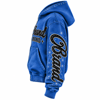 Sweat à capuche zippé personnalisé bleu avec strass pour homme, style streetwear oversize, effet délavé, brodé, vêtements de marque sur mesure