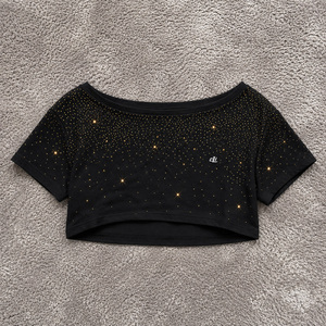 Trendy Rhinestone Asymmetrical women's shirt <b>Off</b> <b>Shoulder</b> Short Sleeve All Season Glam Tee Custom Logo Crop <b>Top</b> Party Wear Black - Product Image 3