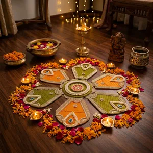 Tapis Rangoli traditionnel en tissu avec motif de pétales de fleurs, couleur orange et verte, décoration pour mariage, festival, entrée. - Product Image 1