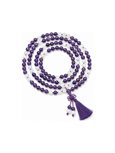 Collar Mala de 108 Cuentas de Amatista y Piedra Lunar | Rosario de Meditación y Yoga |   Cuentas de Oración Espirituales Hechas a Mano con Borlas - Product Image 1