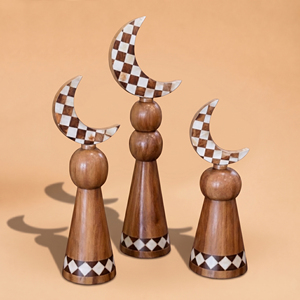 Juego de Esculturas de Luna Creciente de Madera Hechas a Mano con Impresionantes Patrones de Incrustaciones a Cuadros, Perfecto para Decoración del Hogar Árabe - Product Image 1