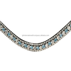 Diadema para caballo de cuero genuino negro con cristales azules, blancos y rosas de tres filas, personalizada, con diseño de ondas brillantes y diamantes, disponible en todas las tallas. - Product Image 2