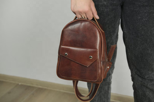 Minimalist Genuine Leather Women's <b>Mini</b> <b>Backpack</b> Burgundy Square Shape Shoulder Strap Zipper Closure Daily Use Softback - Product Image 6