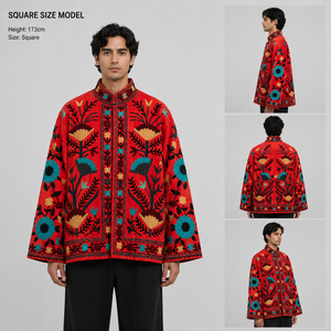 Deep Red Embroidered Leather <b>Jacket</b> Ladies Reversible Autumn Coat Floral Suzani Embroidery Quilted Bomber Stand Embossed Cotton - Product Image 1